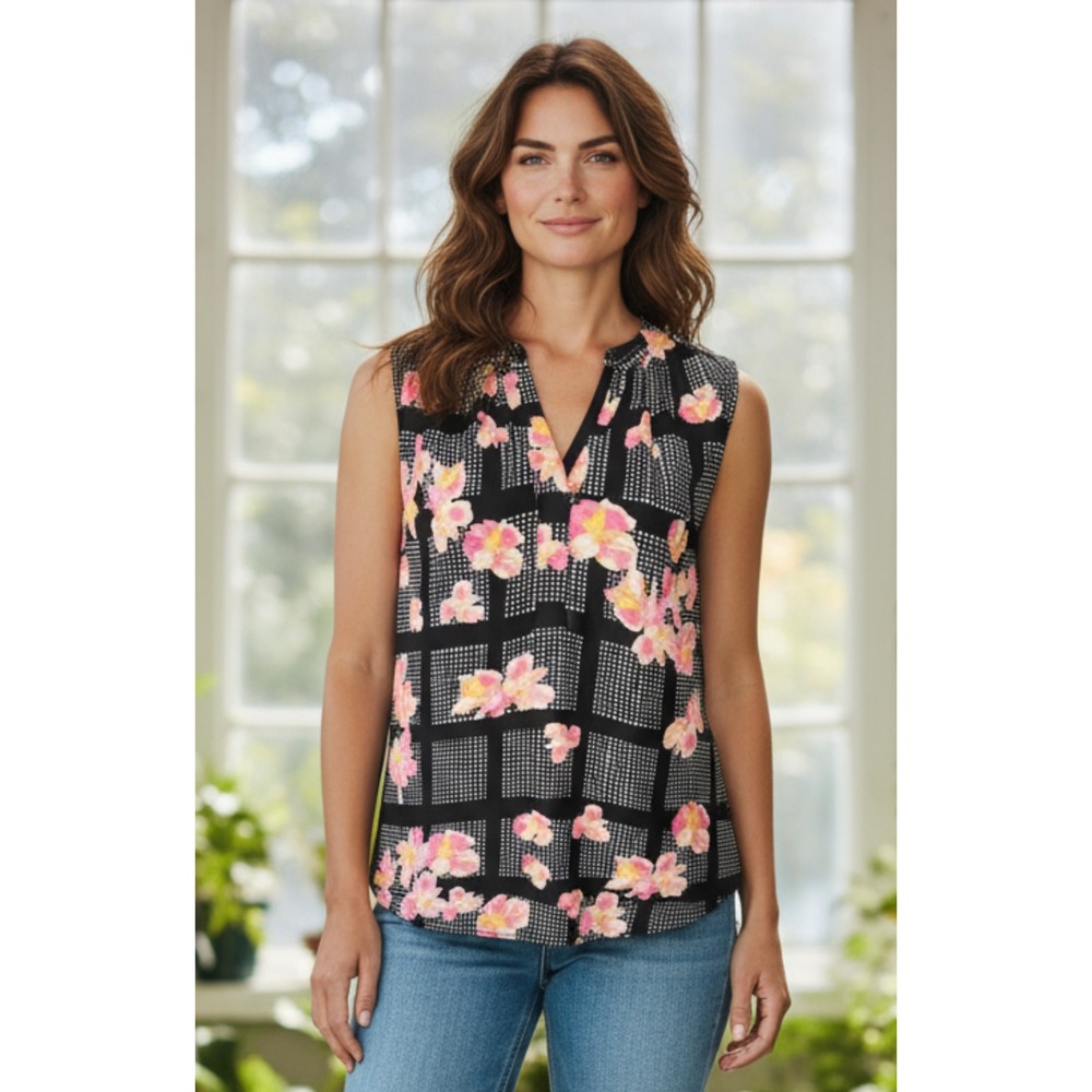 Banana Republic Floral Grid Sleeveless Top Blouse Black Pink Small